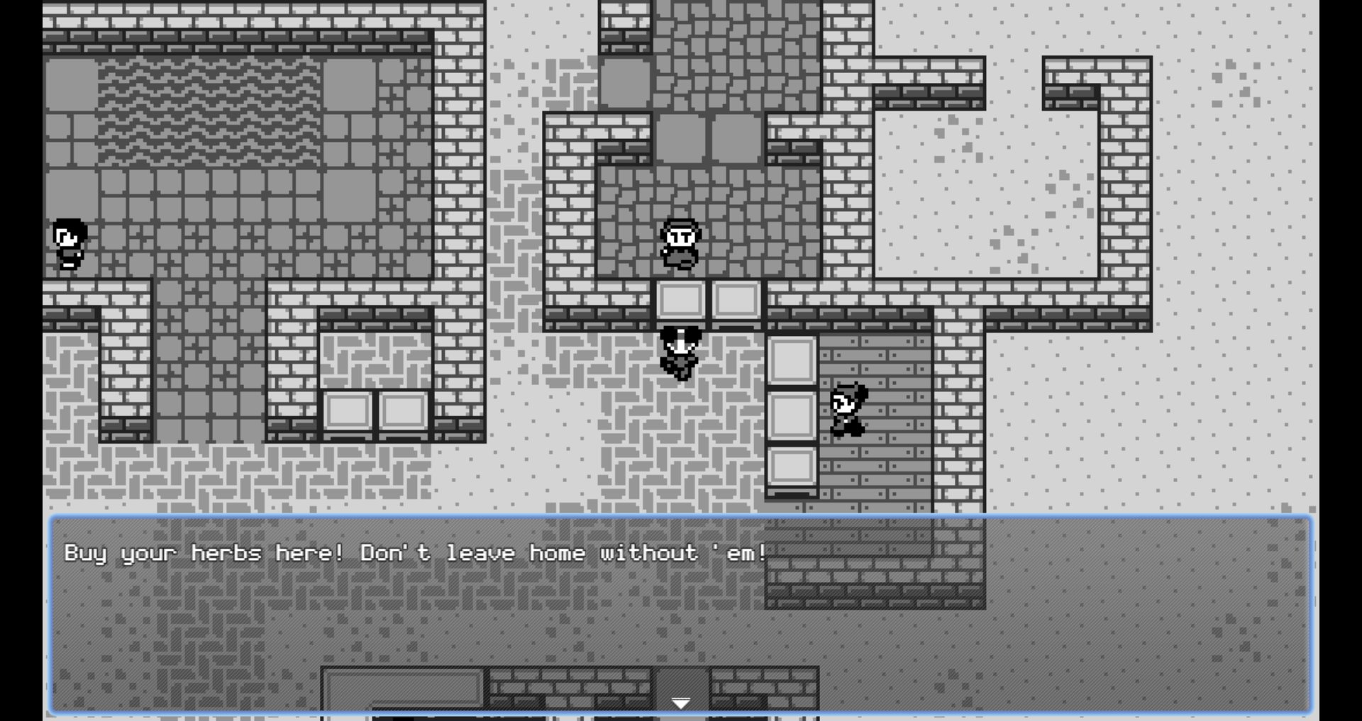 Screenshot of a retro-style video game (mostly) in grayscale. Now the heroine is in town. She's talking over the counter to a man wearing an apron. A blue-white framed translucent gray window at the bottom of the screen shows what he's saying: "Buy your herbs here! Don't leave home without 'em!"
A woman stands behind the counter of an adjacent shop to the heroine's right.
